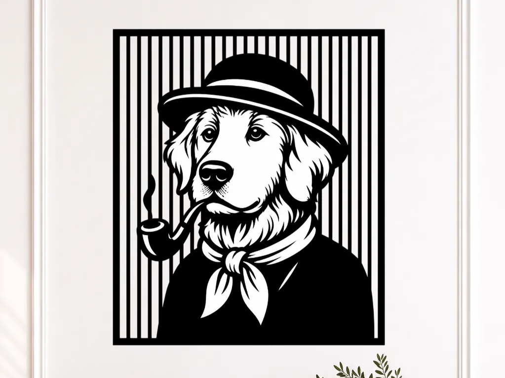 Gentleman Dog SVG, Vintage Dog Wall Art, Dog Portrait Laser Cut Design, Pet Lover Decor, Pipe Hat Dog Art