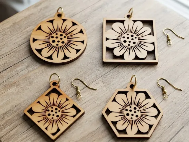 Geometric Sunflower Wooden Dangle Earrings