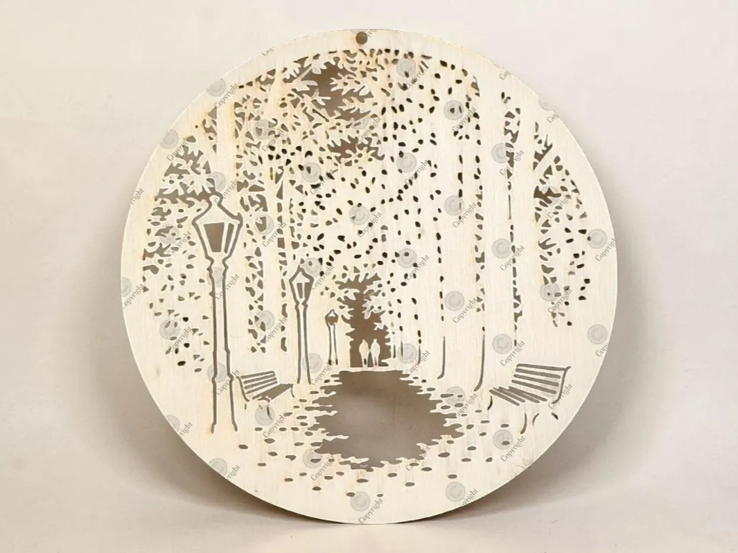 Rundes Herbst Wandbild Türkranz mit Parklandschaft und Laternen