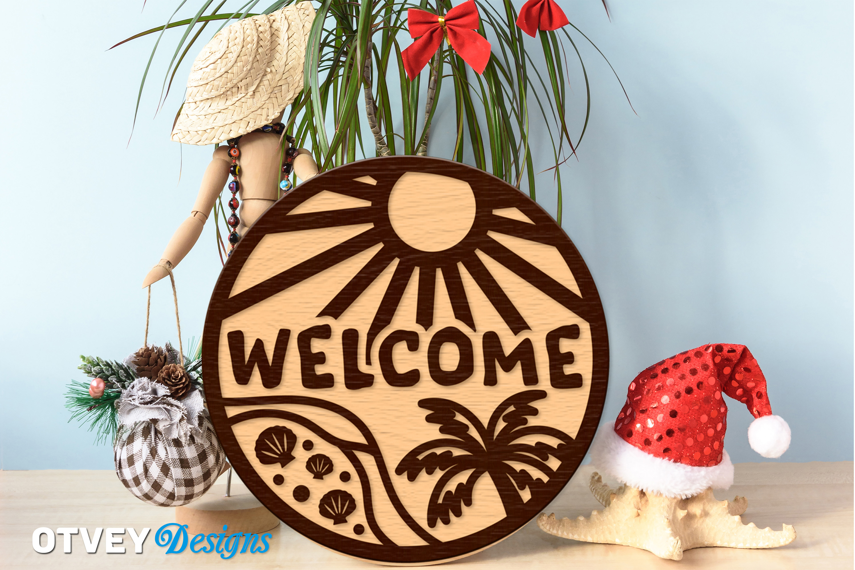 [Laser cut and engrave] Round Tropical Beach Welcome Sign with Palm Tree and Sun Motif