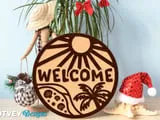 [Laser cut and engrave] Round Tropical Beach Welcome Sign with Palm Tree and Sun Motif