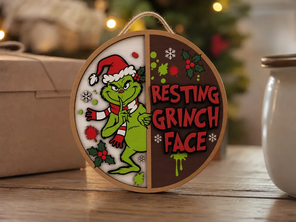 Resting Grinch Face Round Christmas Wall Hanging Sign
