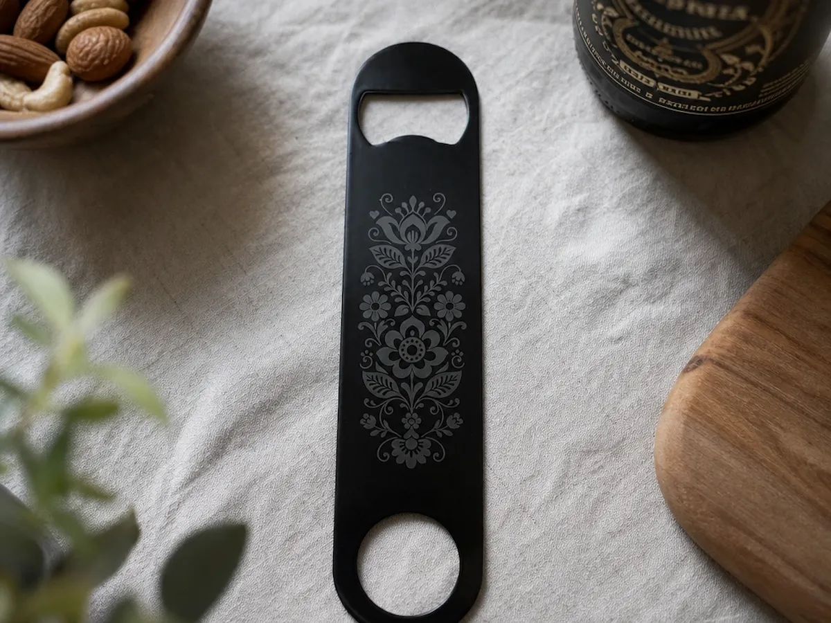 [Laser cut and engrave,Screen printing] Black Bottle Opener with Floral Folk Art Pattern