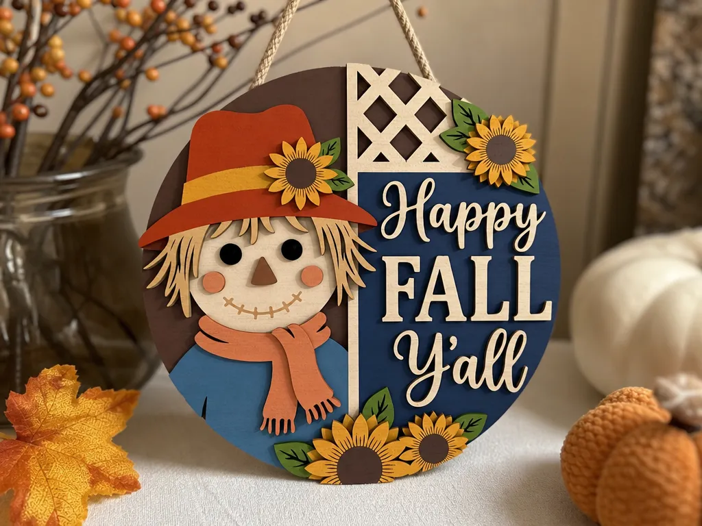 Happy Fall Y'all Scarecrow Sunflower Round Door Hanger