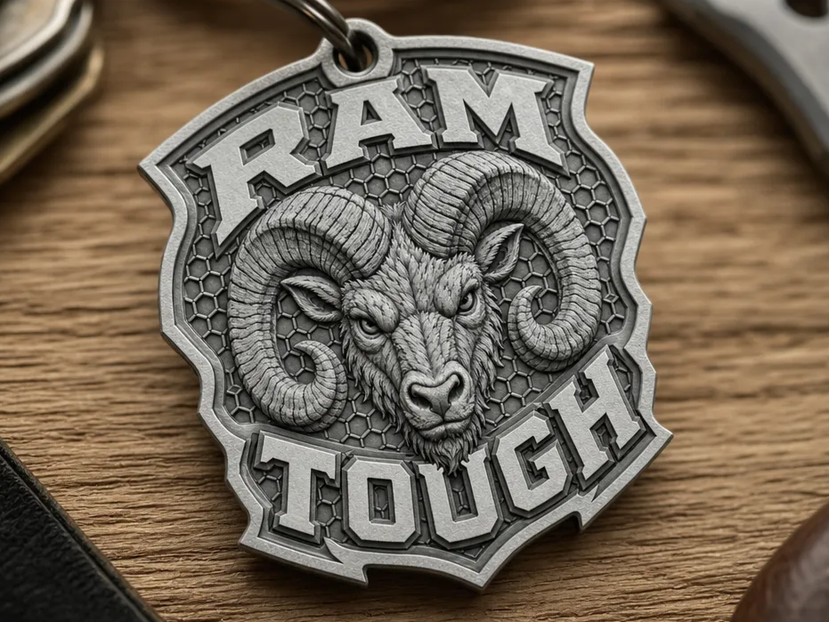 Ram Tough Shield Keychain with Detailed Bighorn Sheep Motif