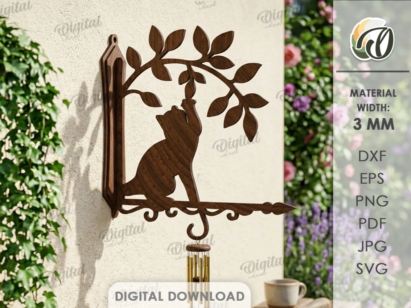 3D Outdoor wall bracket sign. Cat hanger sign laser cut files. Welcome sign. Garden decor svg. Floral. Cat. Plants. Tree branch