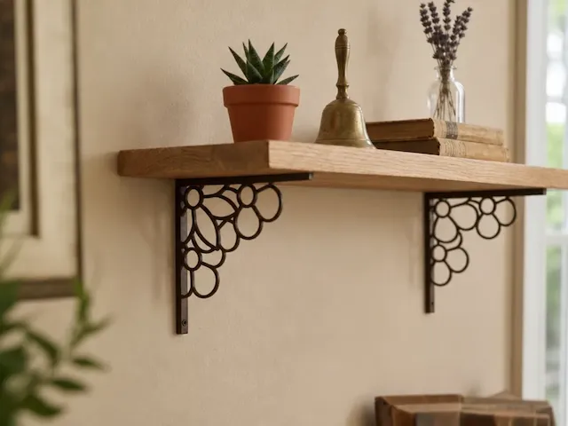 Decorative metal floral shelf brackets with scrollwork design