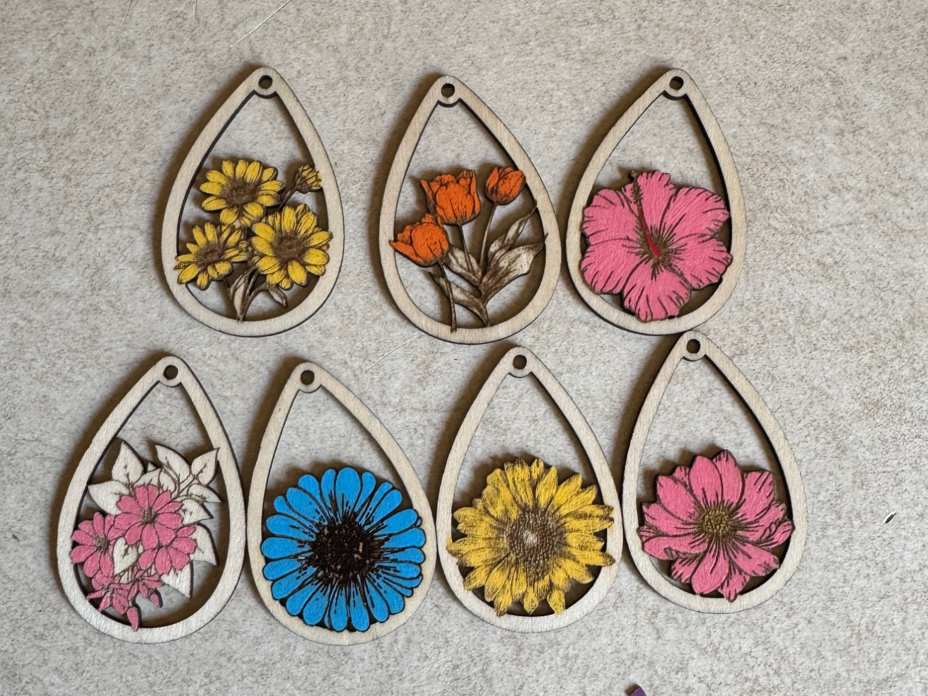 Teardrop Shaped Floral Wooden Earrings