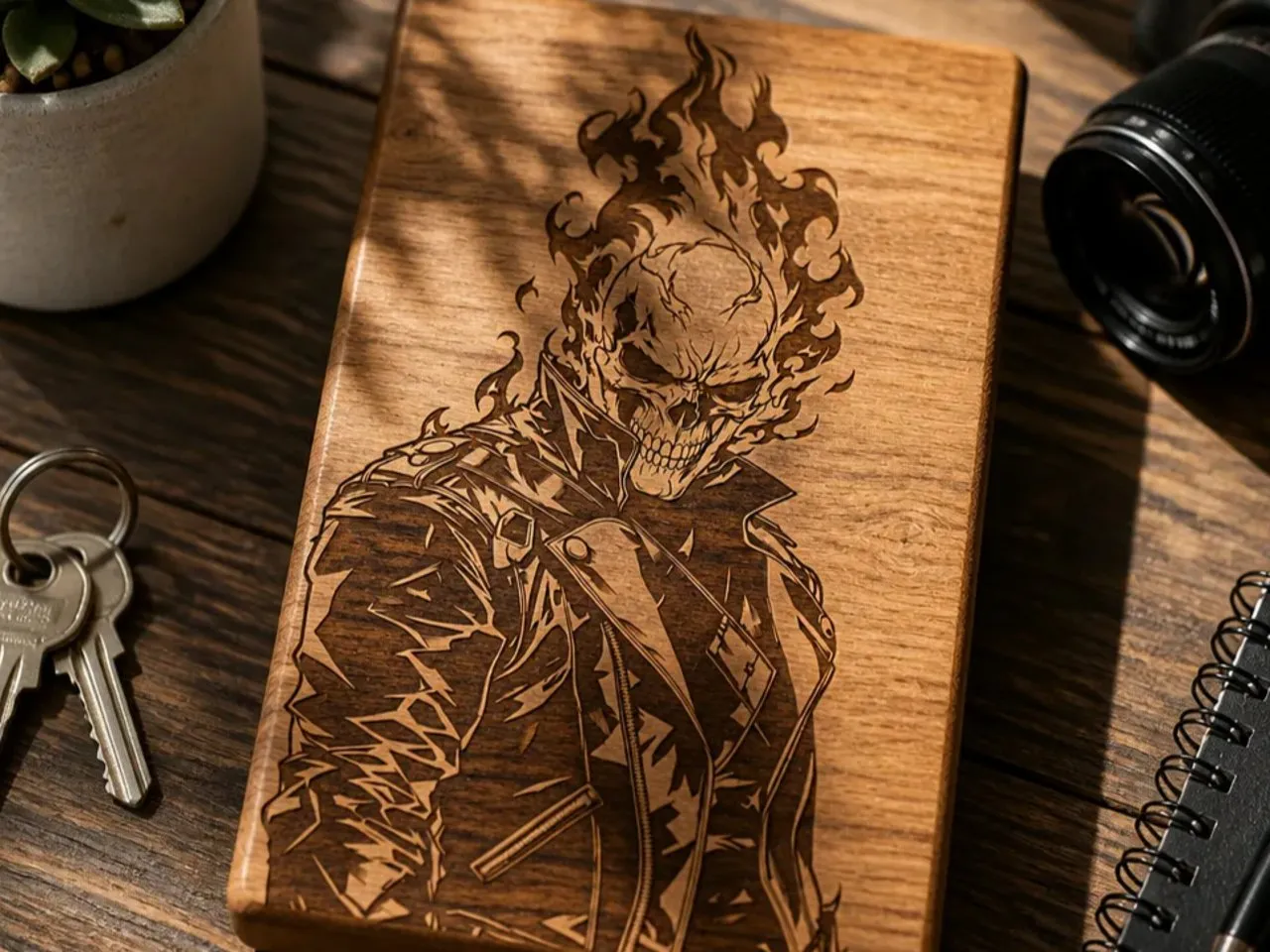 [Laser cut and engrave] Wooden Journal Cover Featuring Ghost Rider Illustration