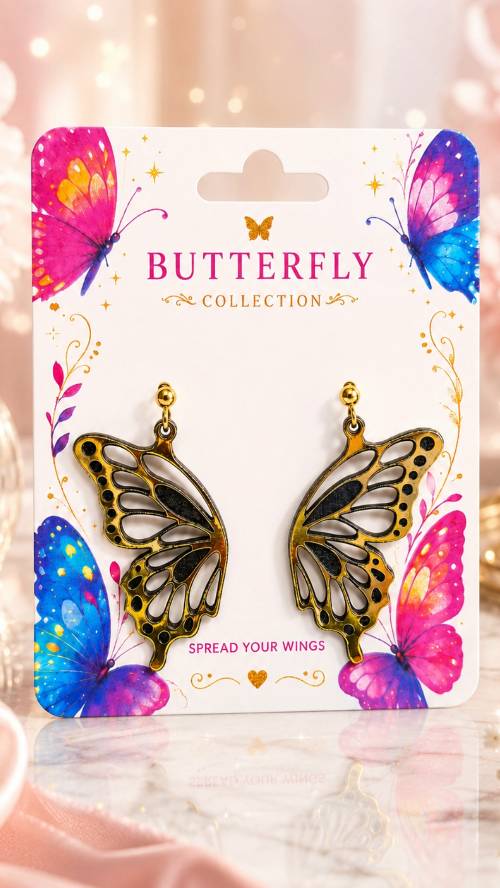 [Laser cut and engrave,Inkjet printing] Gold Butterfly Wing Dangle Earrings