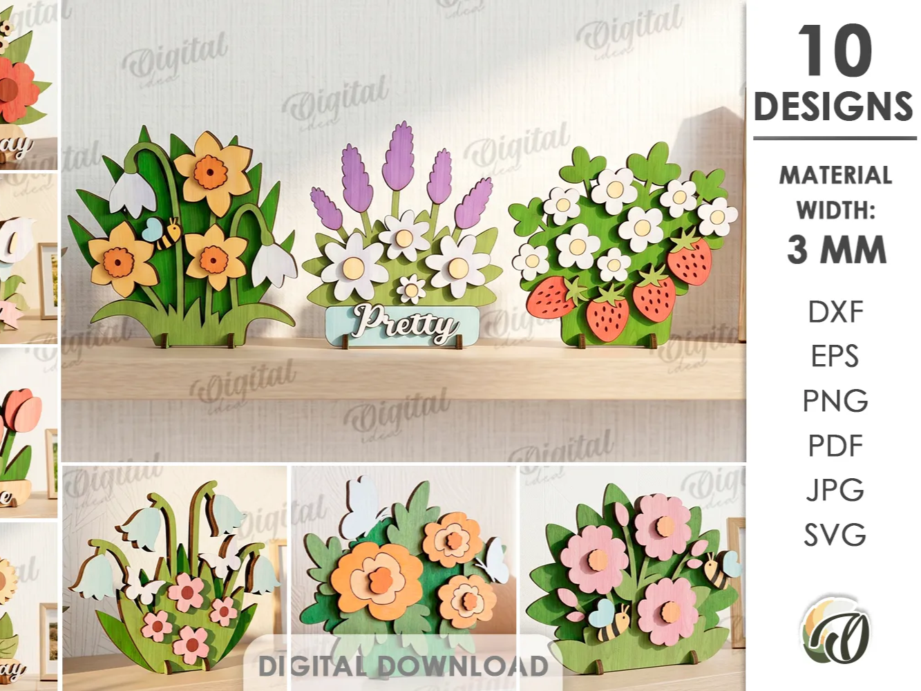 3D Flower Stands Bundle. Plant Home Decor Laser Cut Files. Floral Shelf Sitter SVG. Summer. Mother's Day Gift. Spring Standing decor