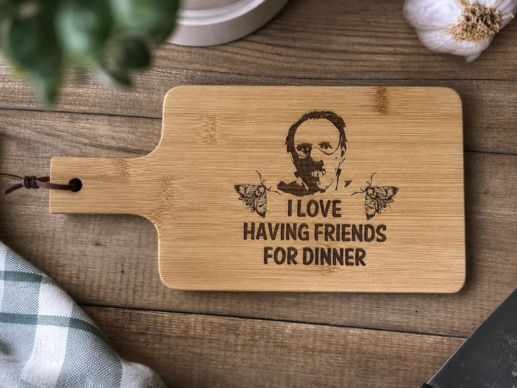 Bamboo Serving Board with Hannibal Lecter Quote and Moth Illustration