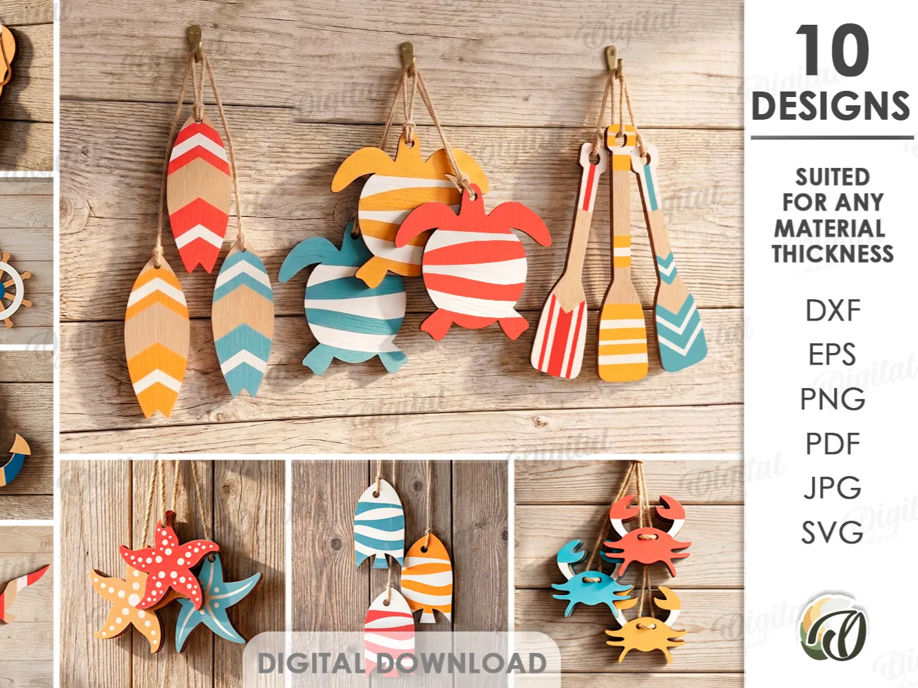 Beach Ornaments Bundle. Coastal Summer Decor Laser Cut Files. Nautical Hanging Beach House Decorations SVG. Wooden Wall Hanger. Rustic