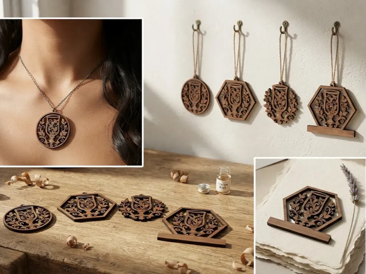 [Laser cut and engrave] Floral Chalice Pendant Necklace and Hanging Wall Ornament Set