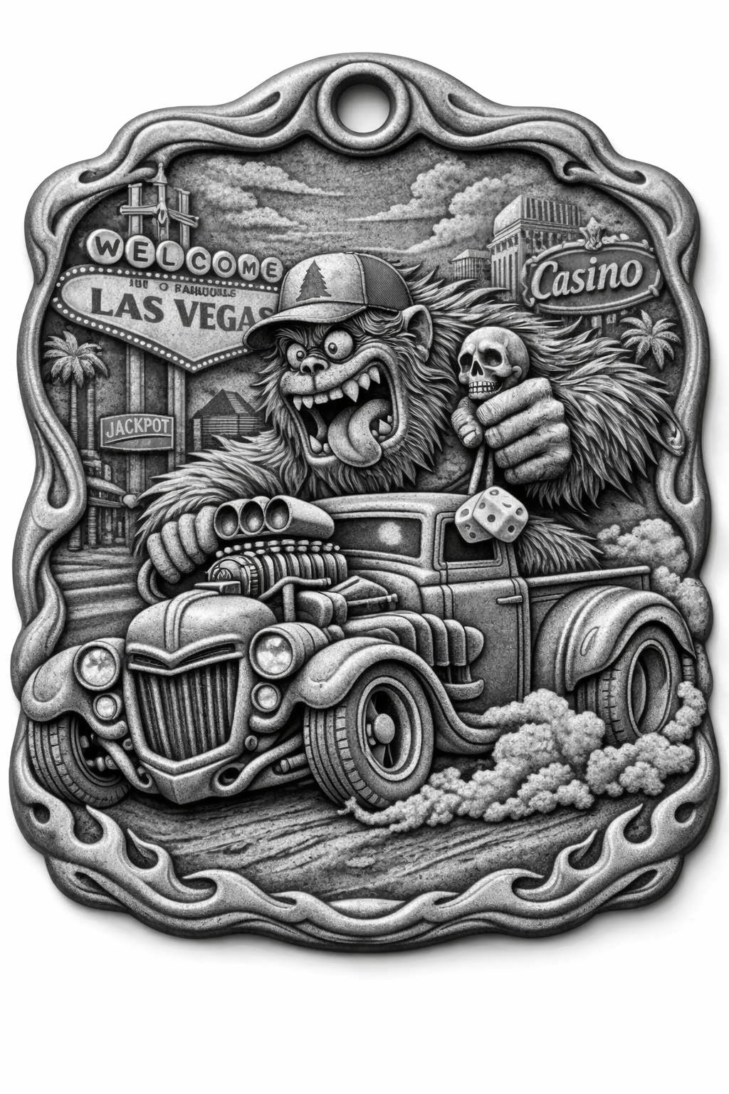 [Laser cut and engrave] Las Vegas Bigfoot Driving Hot Rod Metal Ornament