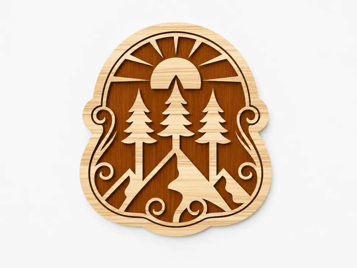 [Laser cut and engrave] Mountain and Pine Tree Forest Wall Art with Sun Motif - Laser Cut Design