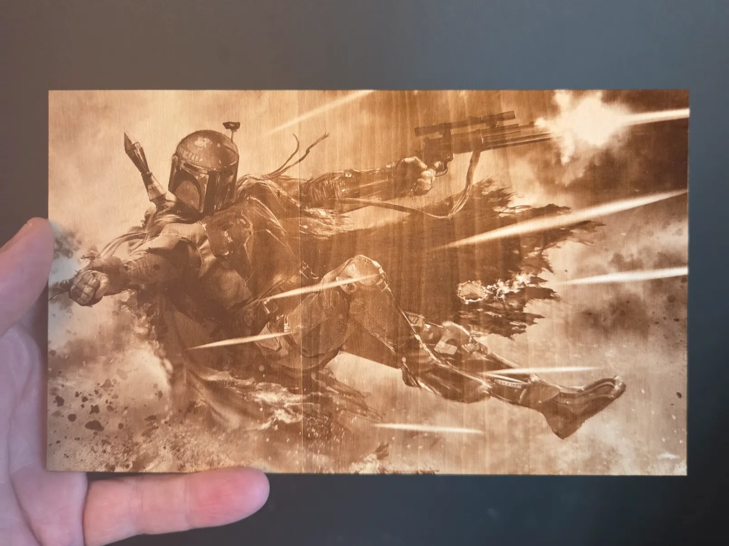Boba Fett action scene wooden wall art print