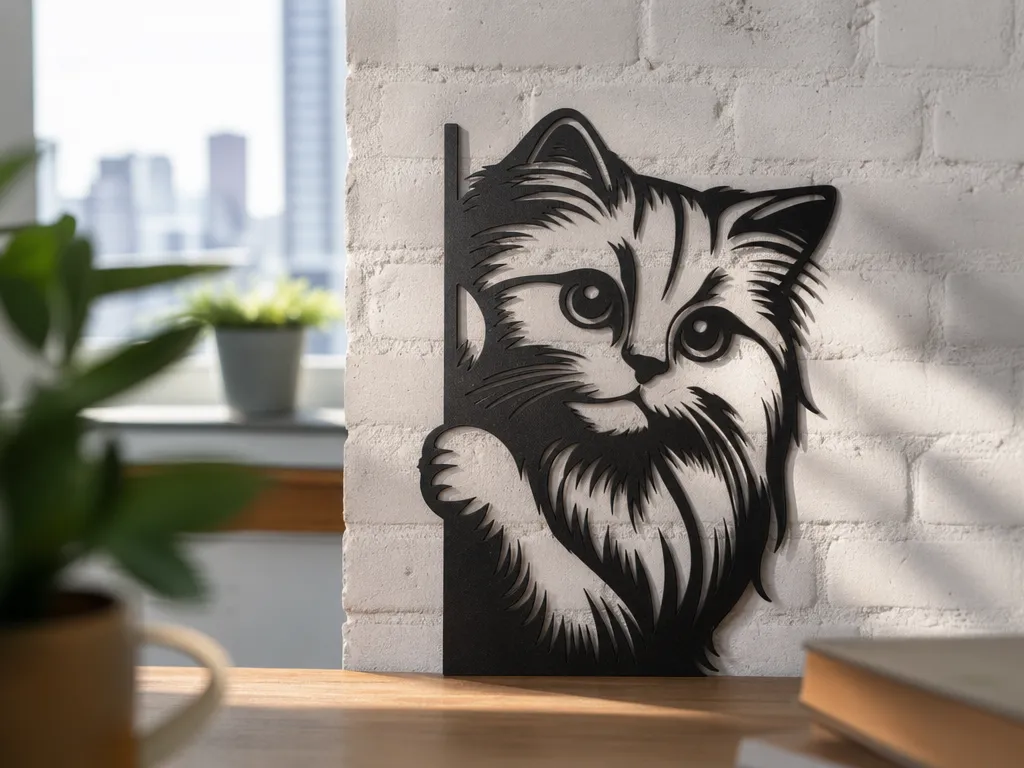 Cuadro de pared con silueta de gato asomándose