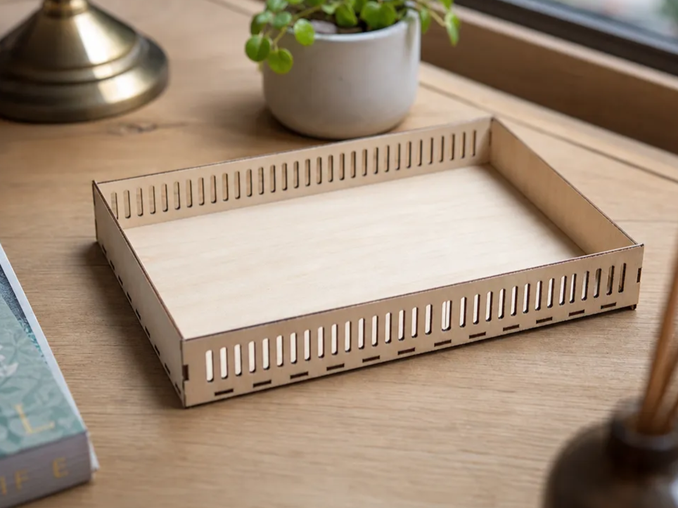 Mail Tray Laser Cut File | Desk Organizer SVG DXF PDF | Wooden Letter Tray Digital Download Glowforge| Rectangular wooden storage tray with slatted si
