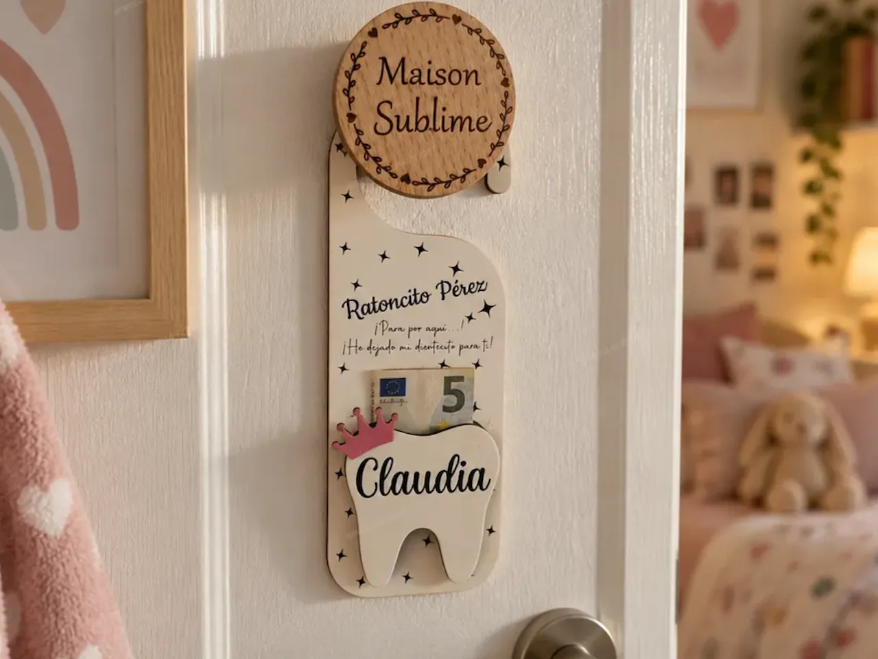 [Laser cut and engrave] Colgador de puerta para el Ratoncito Pérez con forma de diente personalizado