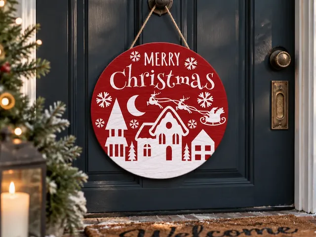 Merry Christmas Round Door Sign with Santa Sleigh and Winter Village Scene