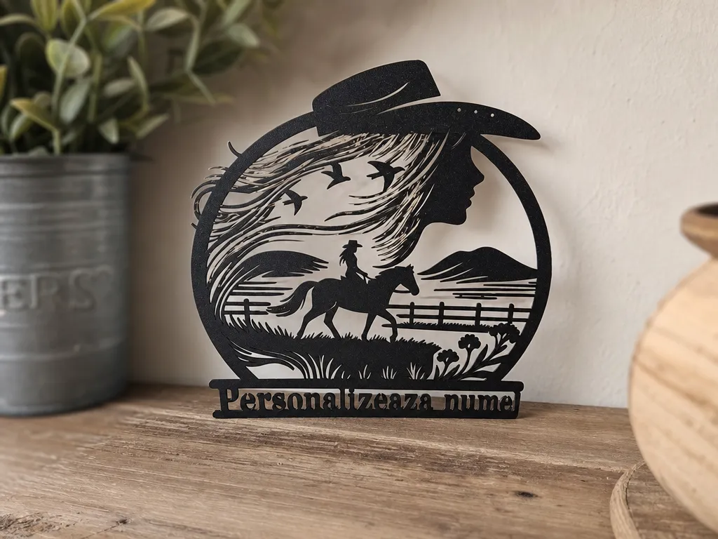 Western Cowgirl and Horse Silhouette Tabletop Sign