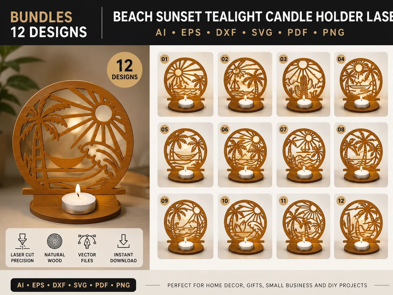Beach Sunset Tealight Candle Holder Lasercut