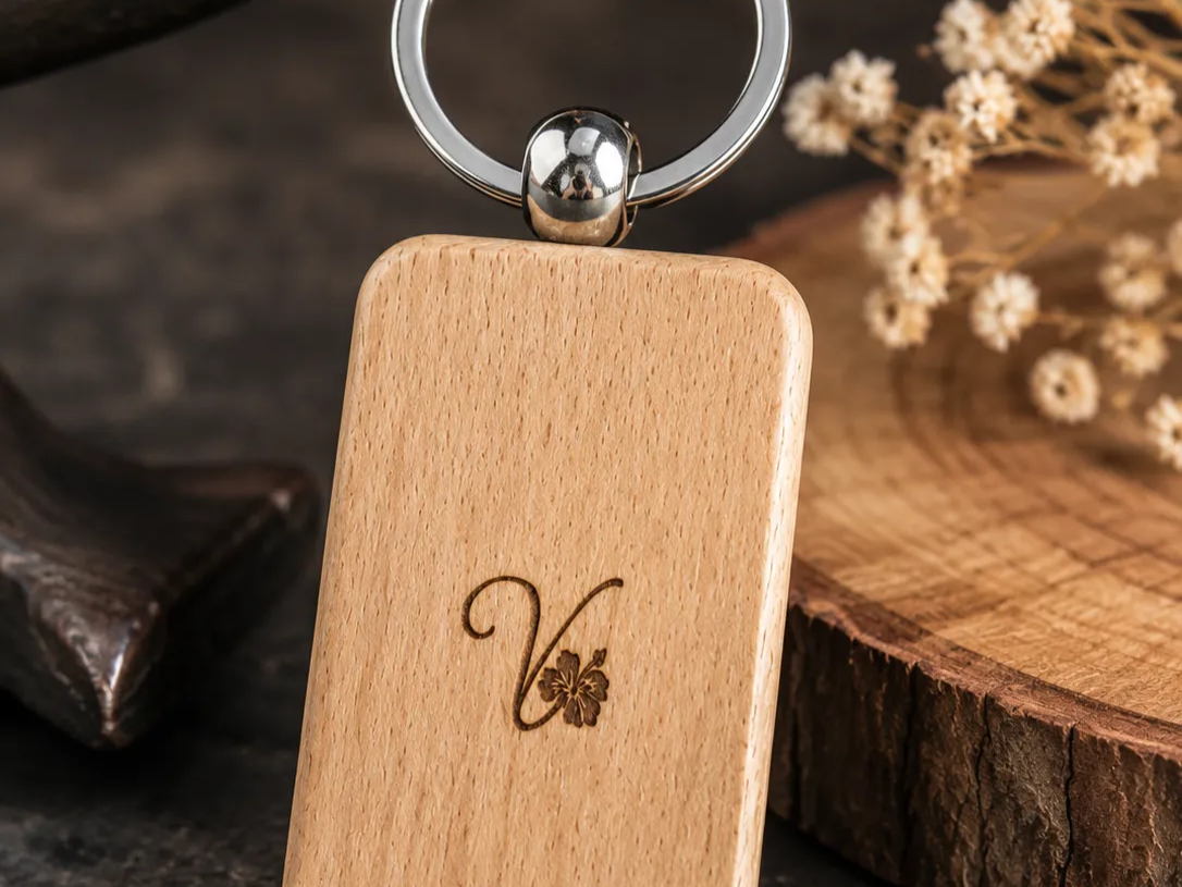Porte-clés rectangulaire en bois avec monogramme et motif floral