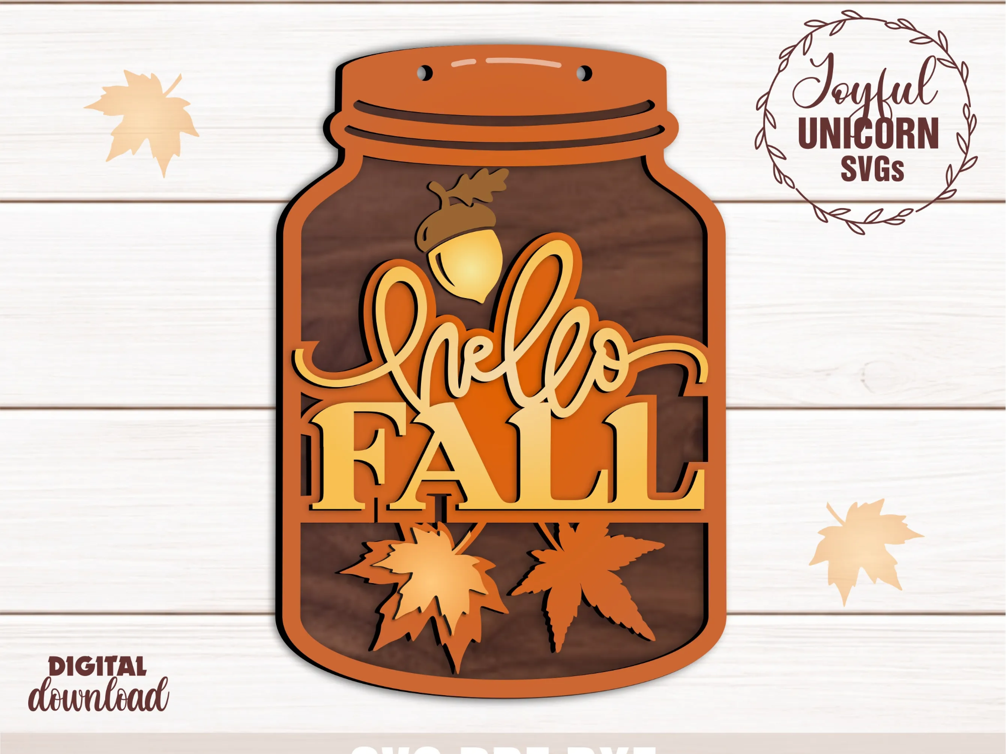 Hello Fall Mason Jar Sign SVG, Laser Cut Mason Jar, Autumn Front Door Decor, Layered Fall Mason Jar, Glowforge Laser File, Fall Shelf Sitter
