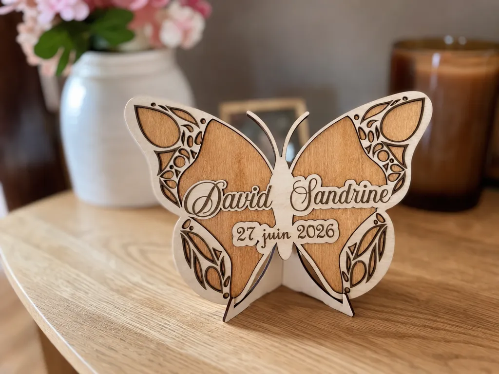 Papillon décoratif personnalisé avec prénoms et date de mariage+ support