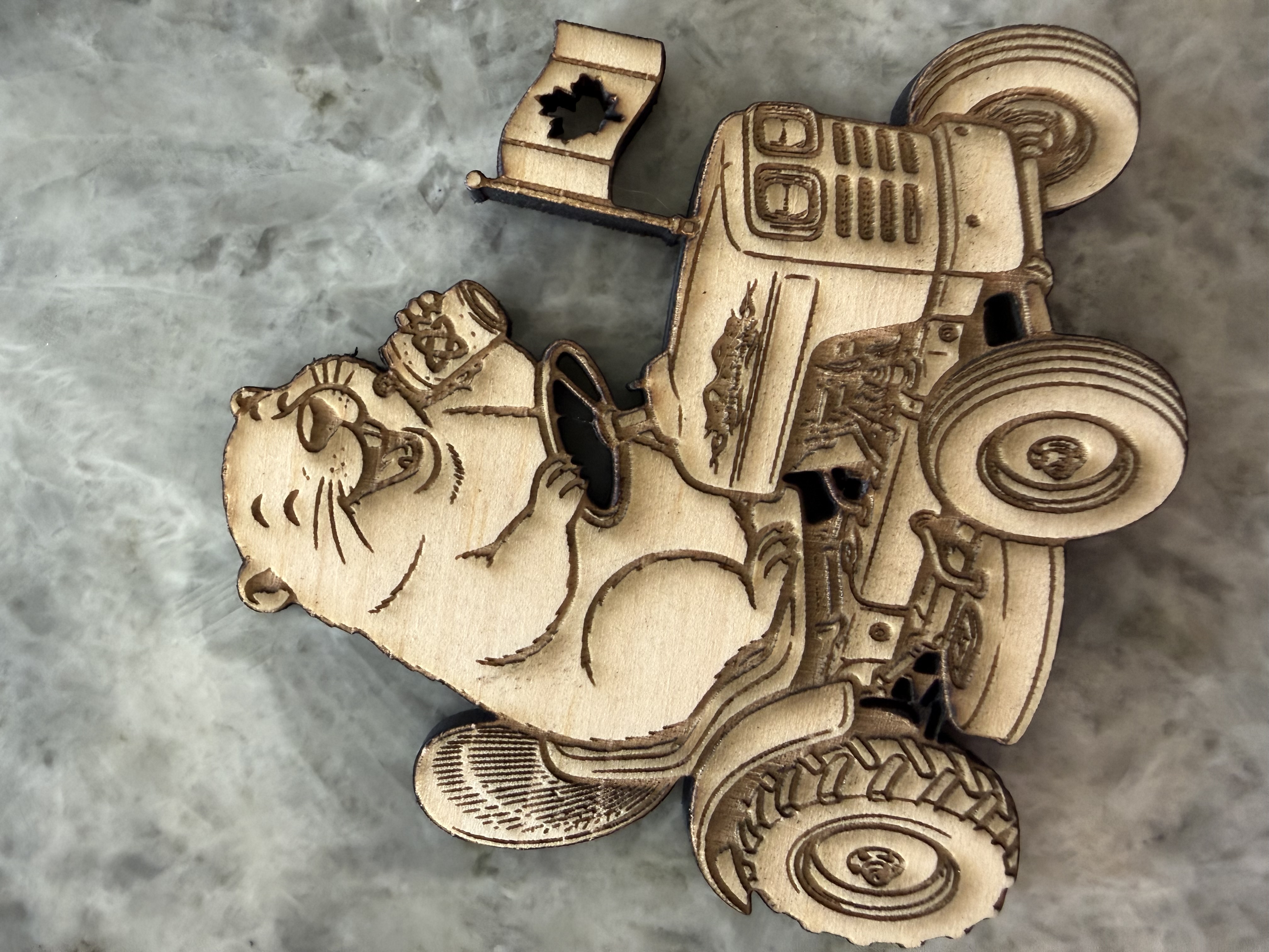 [Laser cut and engrave] Beaver Driving a Tractor with Canadian Flag Figurine