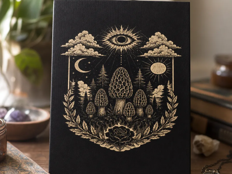 Black Journal with Gold Celestial Mushroom and Forest Illustration