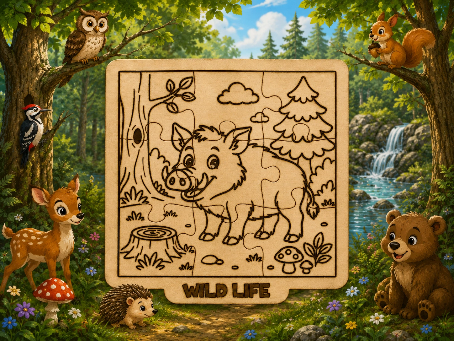 Forest Wild Boar Puzzle SVG XCS | Wild Life Wooden Kids Jigsaw | Laser Cut Educational Animal Toy | DIY CNC Design File
