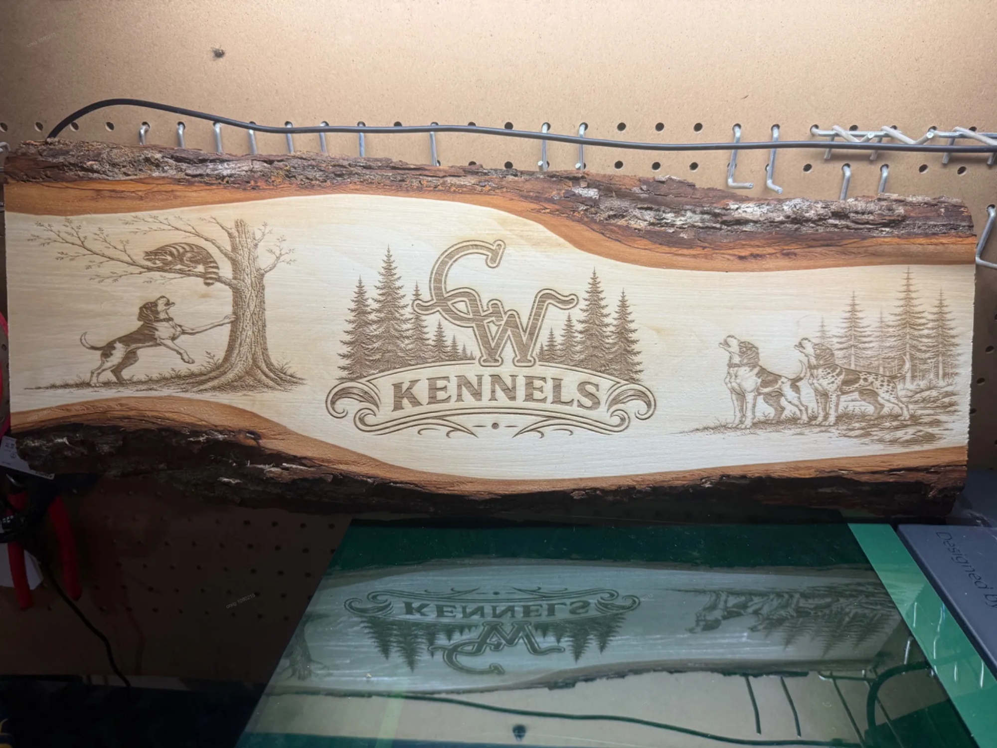 CW Kennels Live Edge Wood Sign with Hunting Dog and Raccoon Motif
