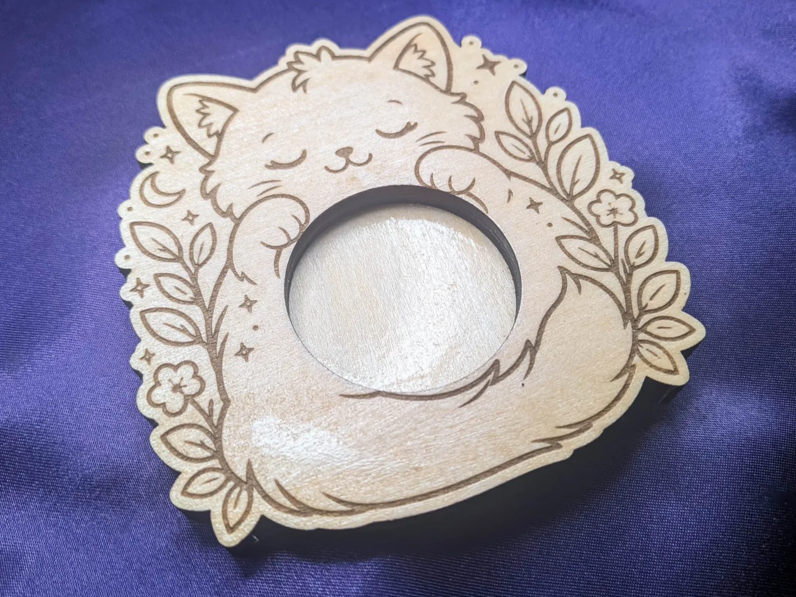 🐱 Sleeping Cat Tealight Candle Holder Laser Engraved & Cut on Birch Plywood