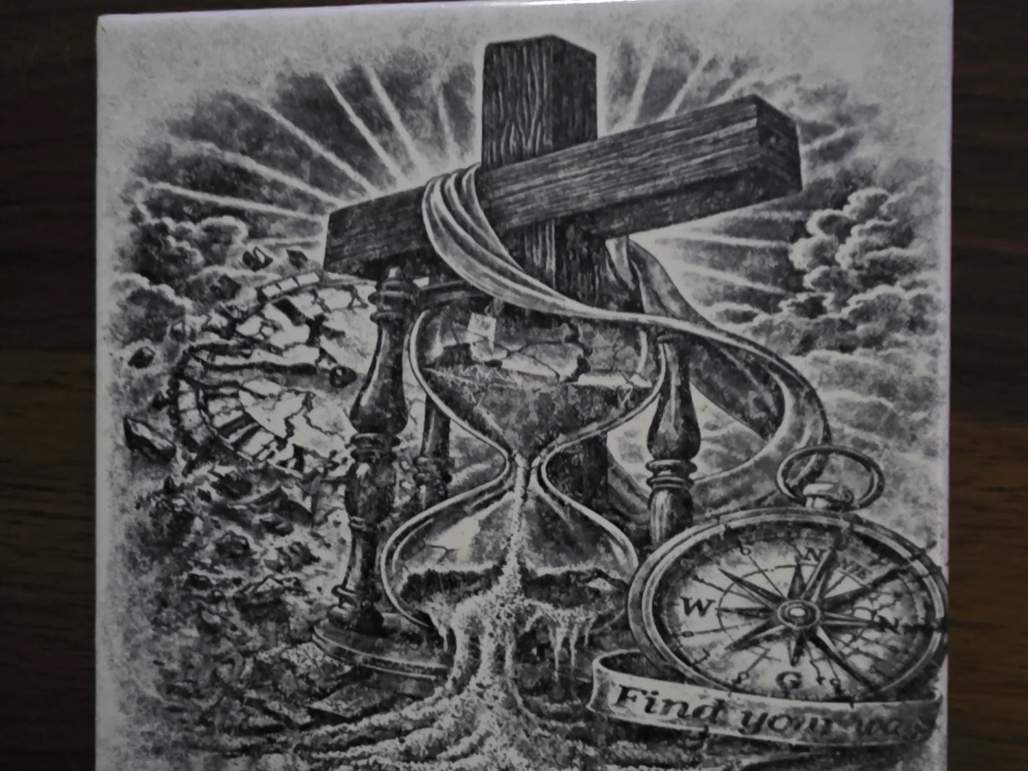 Ceramic Tile Featuring Cross Hourglass and Compass Find Your Way Illustration