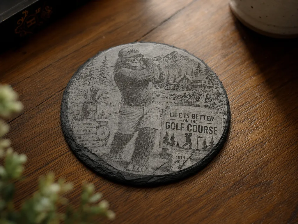 Round Slate Coaster Featuring Bigfoot Playing Golf