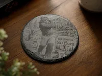 [Laser cut and engrave] Round Slate Coaster Featuring Bigfoot Playing Golf