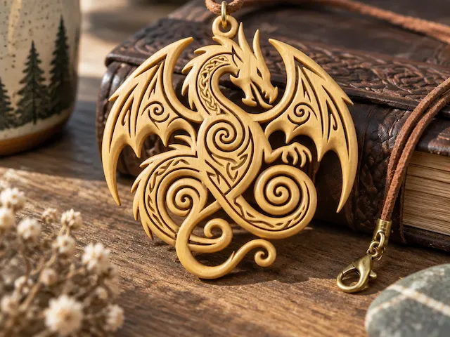 Kalung liontin naga kayu dengan motif simpul celtic