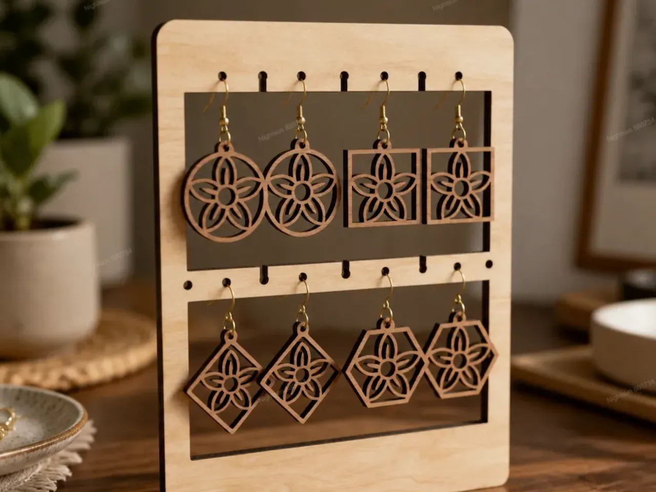 [Laser cut and engrave] Geometric Flower Pattern Wooden Dangle Earrings