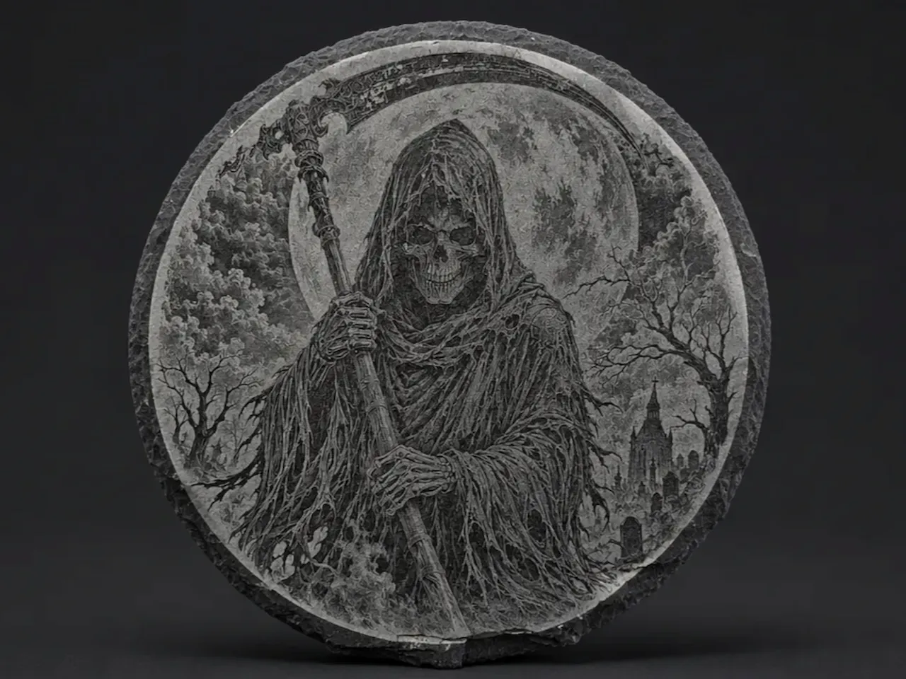 [Laser cut and engrave] Grim Reaper Scythe Round Slate Coaster