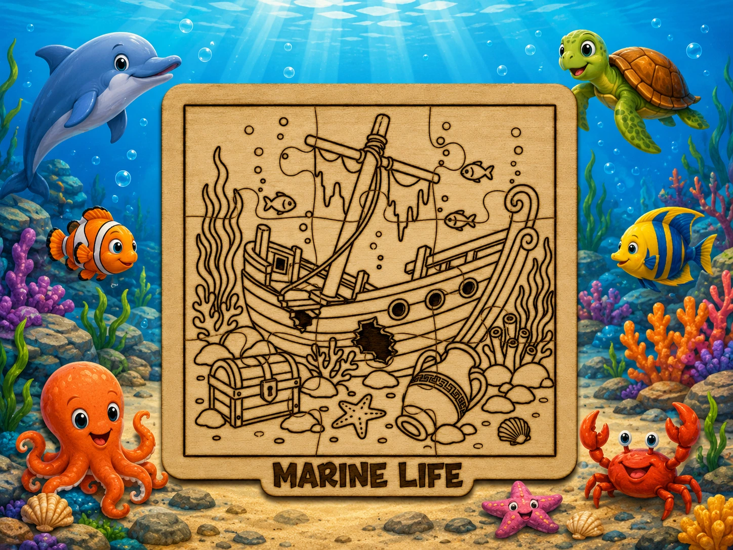 Pirate Shipwreck Wooden Puzzle SVG XCS | Marine Life Laser Engraving Design | Ocean Coloring Puzzle | DIY Educational Toy