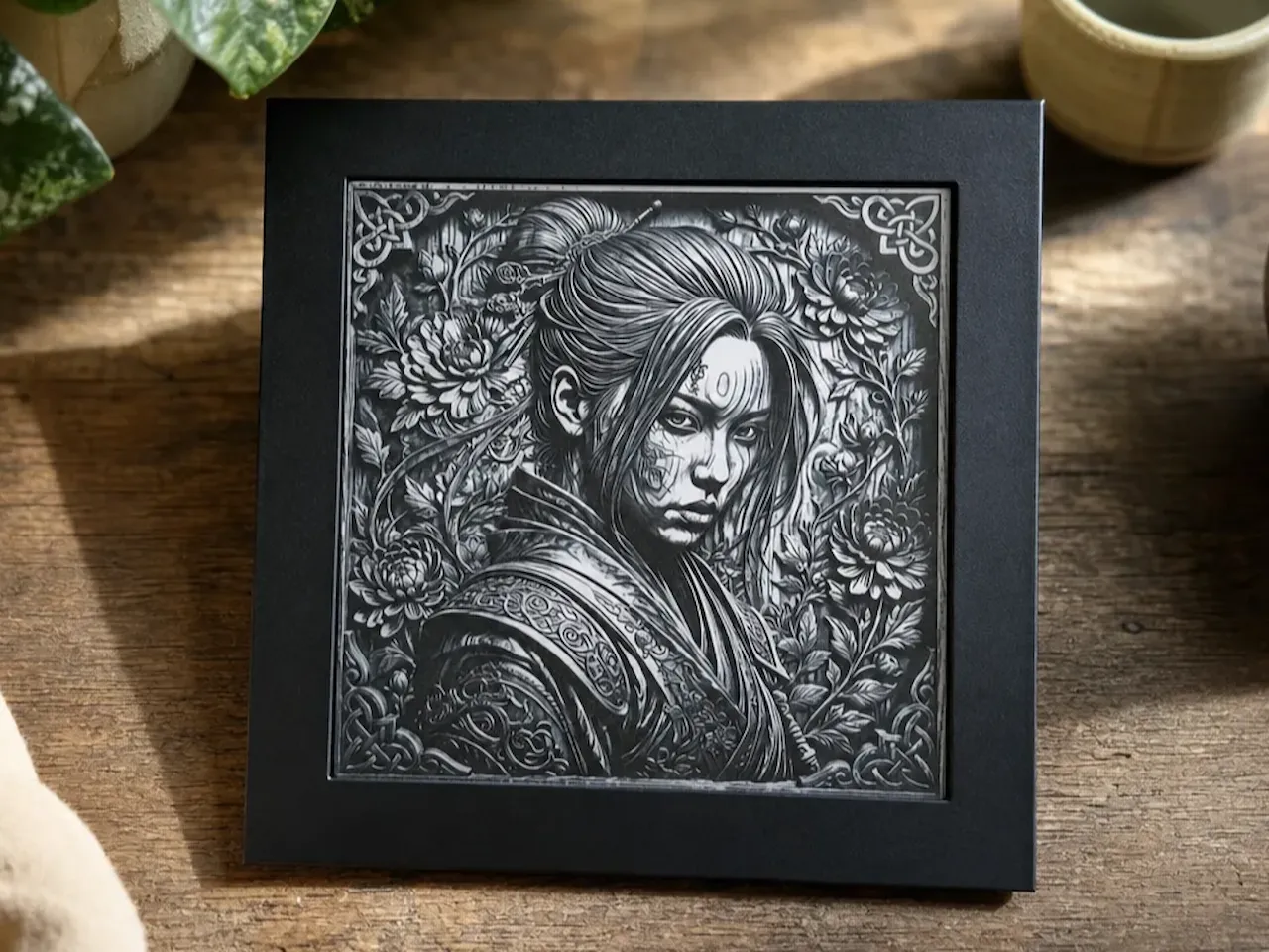 [Laser cut and engrave] Tableau encadré représentant une guerrière asiatique entourée de fleurs