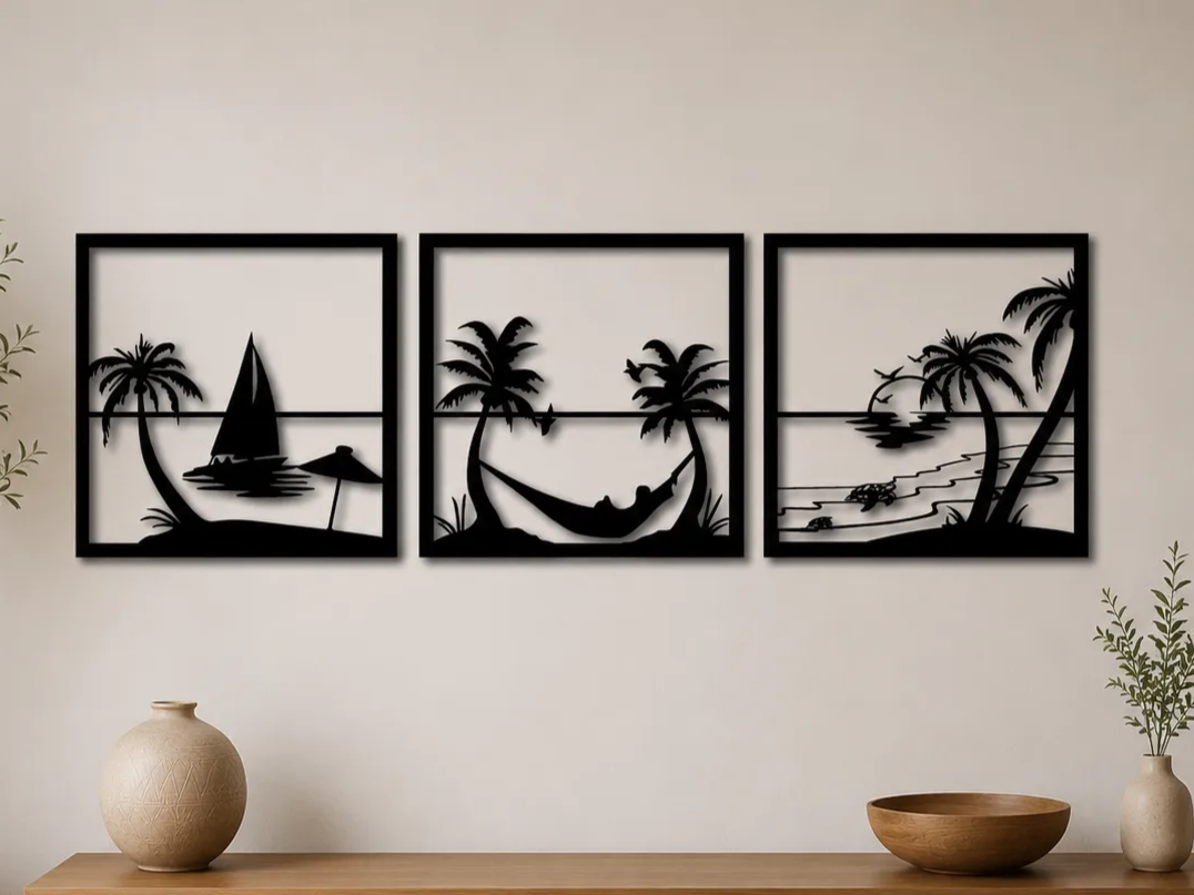 Tropical Beach Wall Art SVG Bundle | Palm Tree Coastal Scenes | 3 Panel Laser Cut File | Ocean Decor | Digital Download