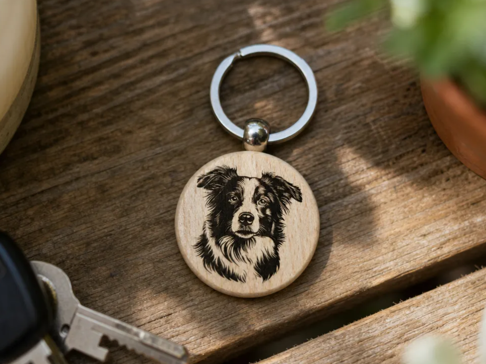 Border Collie Portrait Wooden Keychain V2