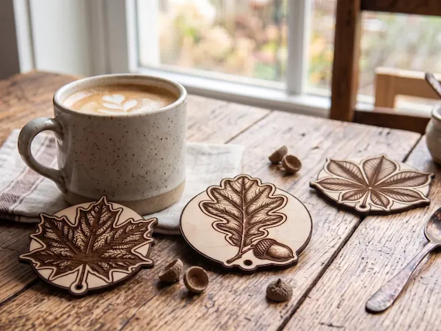 Leaf and Acorn Shaped Wooden Drink Coasters set of 3 fall motive