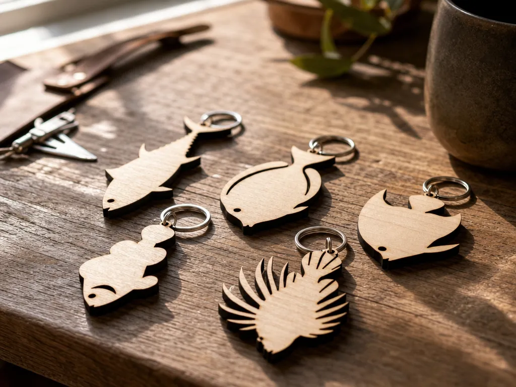 Wooden fish shaped keychains with various marine species silhouettes