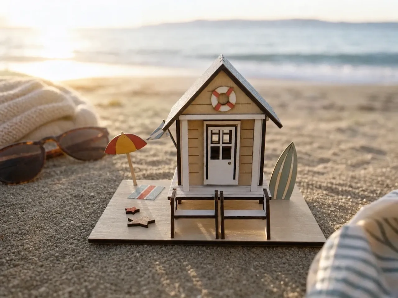 [Laser cut and engrave] Cabane de plage miniature avec planche de surf et parasol