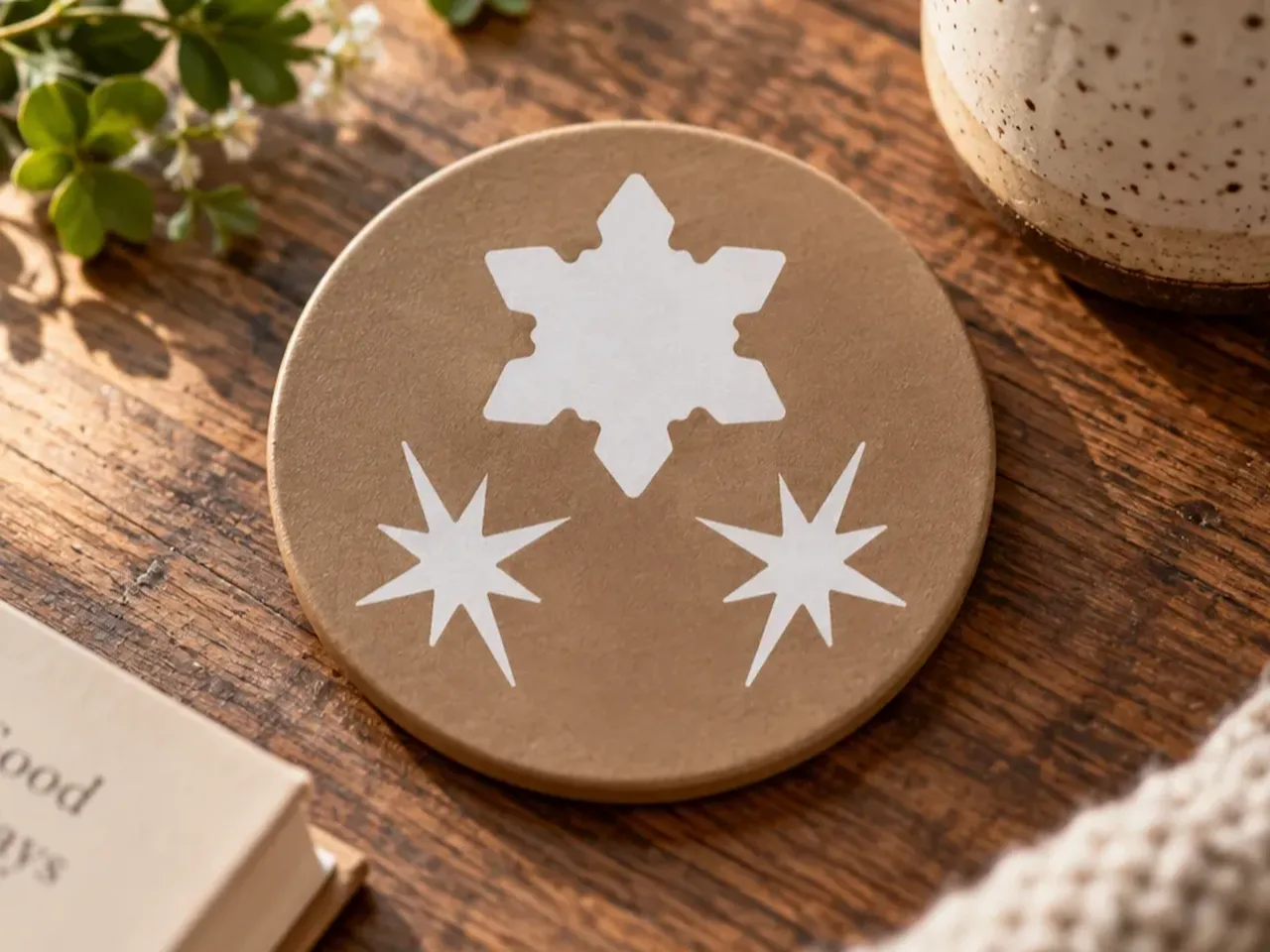 [Laser cut and engrave,Screen printing] Round drink coaster with white snowflake and star pattern