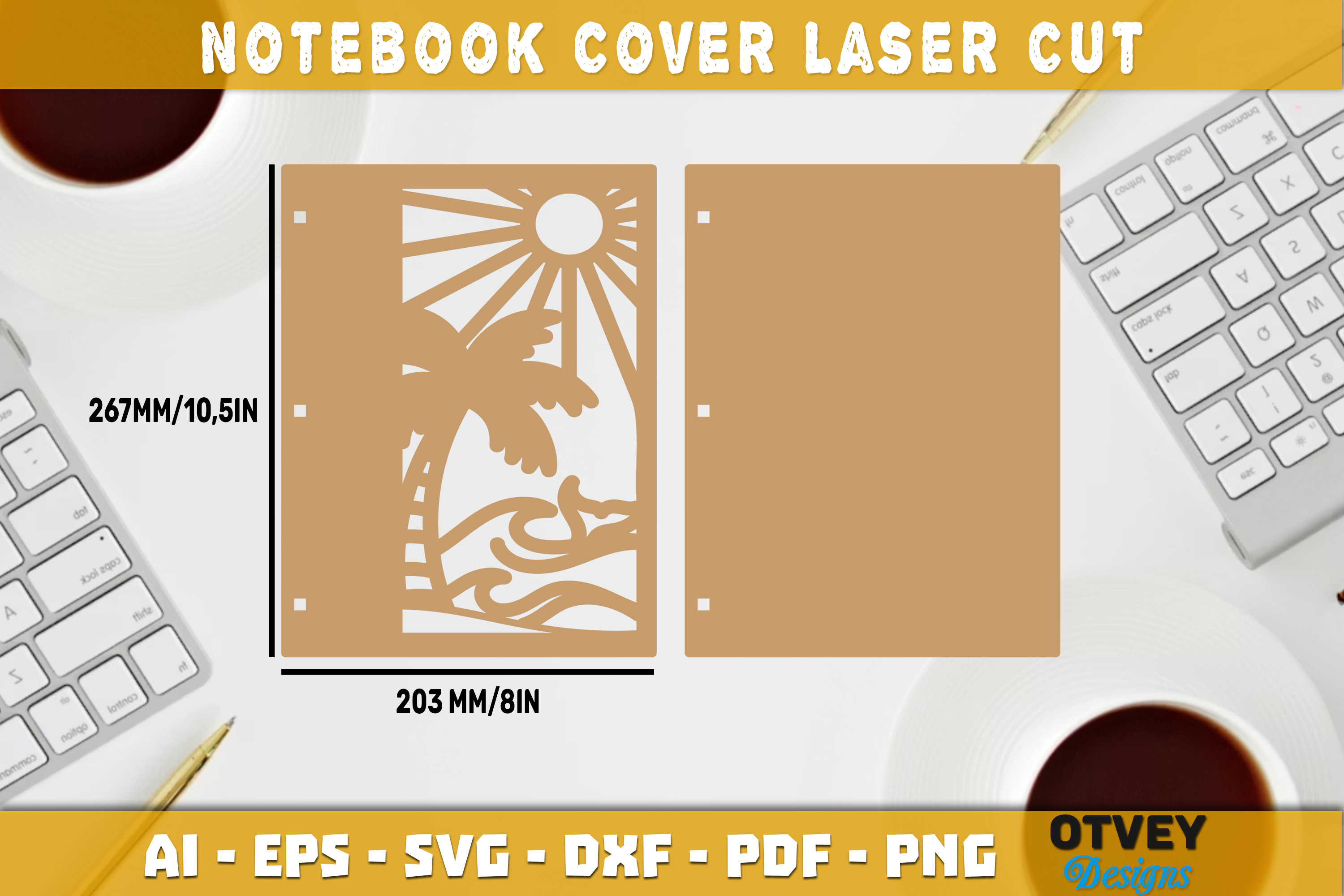 [Laser cut and engrave] Wooden Notebook with Tropical Beach and Sun Cutout Cover